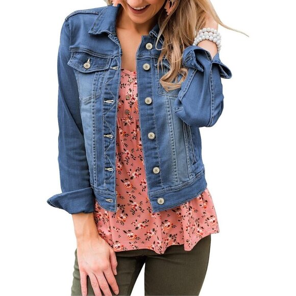 Jackets & Blazers - Women's Basic Long Sleeves Button Down Fitted Denim Jean Jacket Vintage Blue